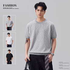 批发实拍2026夏季新款纯色针织短袖T恤男宽松透气百搭圆领打底衫