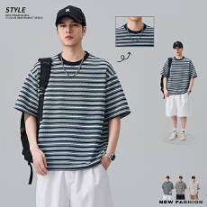 实拍2026夏季新款圆领短袖T恤男士宽松百搭提花条纹针织短袖上衣