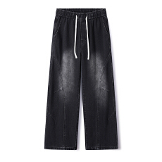 实拍2026新款弯刀拼接打折牛仔裤港风松紧腰垂感百搭阔腿裤长裤子