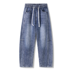 实拍2026新款弯刀牛仔裤男美式阔腿裤直筒宽松水洗复古拼接长裤