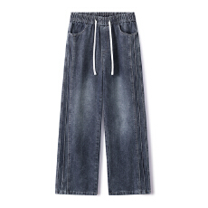 实拍2026新款侧边三拼接宽松直筒松紧腰橡筋裤水洗复古牛仔长裤男