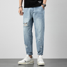 批发实拍2026夏季新款九分破洞牛仔裤<b class='q'>男</b>宽松哈伦直筒裤