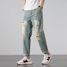 批发实拍2026春夏宽松哈伦薄款破洞小直筒<b class='q'>牛仔</b>裤复古美式潮牌男裤