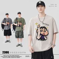 实拍2026夏季新款重磅洗水炒雪花宽松版型纯棉趣味印花T恤短袖男