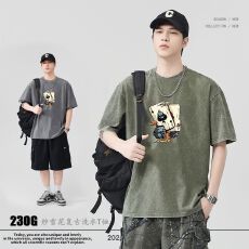 实拍2026夏季新款230克重磅洗水趣味印花宽松版型纯棉T恤短袖男