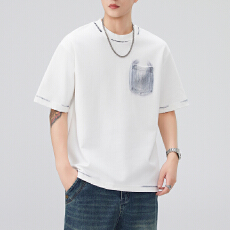 实拍2026夏季新款潮牌重磅圆领短袖T恤320g洗水磨破潮流复古上衣