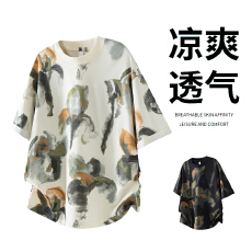 批发实拍2026夏季潮牌新款圆领短袖T恤宽松百搭满印水墨印花t恤