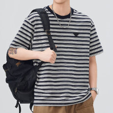 实拍2026夏季新款宽松圆领条纹短袖T恤男简约百搭t恤上衣