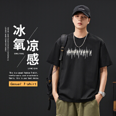 实拍2025夏季新款潮牌圆领短袖T恤宽松百搭字母立体刺绣t恤男