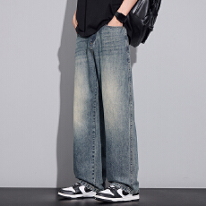 批发实拍2026夏季新款直筒半<b class='q'>松紧</b><b class='q'>牛仔裤</b>男复古潮流百搭裤子