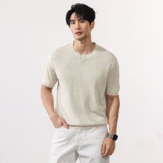批发夏季老钱风麻棉短袖T恤男针织衫圆领百搭<b class='q'>日系</b><b class='q'>复古</b>纯色休闲体恤衫