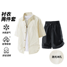 批发实拍<b class='q'>夏</b>季新款冰感短袖衬衣工装短裤休闲套装男宽松百搭简约两件套