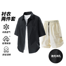 批发实拍<b class='q'>夏</b>季新款冰感休闲衬衣短袖工装短裤套装男宽松百搭简约两件套