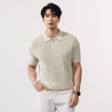 批发夏季新款老钱风麻棉短袖针织<b class='q'>衫</b>翻领拉链套头T恤日系复古潮流百搭