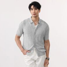 批发夏季麻棉老钱风翻领短袖针织衫T恤男新款<b class='q'>日系</b><b class='q'>复古</b>条纹开衫体恤衫