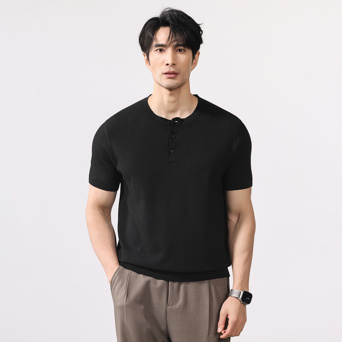 여름 오래된 돈 바람 반팔 티셔츠 남자 2026 여름 새로운 반소매 니트 스웨터 일본식 레트로 단색
