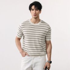 批发夏季老钱风麻棉短袖T恤男条纹针织衫体恤衫<b class='q'>日系</b><b class='q'>复古</b>百搭圆领潮流