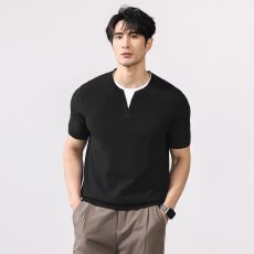 批发实拍2026夏季假两件V领老钱风短袖男<b class='q'>日系</b><b class='q'>复古</b>T恤百搭休闲体恤衫
