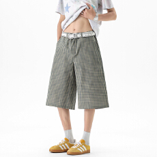 批发<b class='q'>日系</b><b class='q'>复古</b>格子夏天薄款男裤宽松阔腿中裤夏季潮流休闲直筒七分裤潮