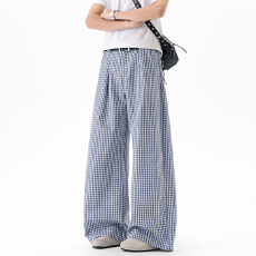批发美式蓝色格子裤女夏季宽松阔腿裤直筒<b class='q'>运动</b>格纹休闲裤子<b class='q'>男</b>女情侣裤