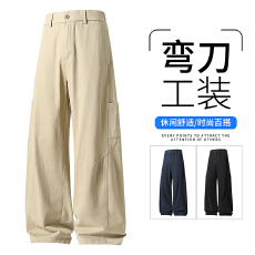 批发实拍2026夏季新款纯棉弯刀工装直筒休闲裤男宽松百搭半松紧腰裤子