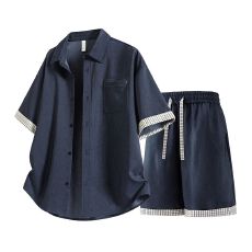 批发实拍夏季新款套装男斜纹仿牛仔科技面料撞色拼接宽松日系高街通勤