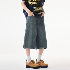 批发实拍<b class='q'>夏</b>季新款美式褶皱牛仔七分裤男女中性款潮牌宽松直筒阔腿裤