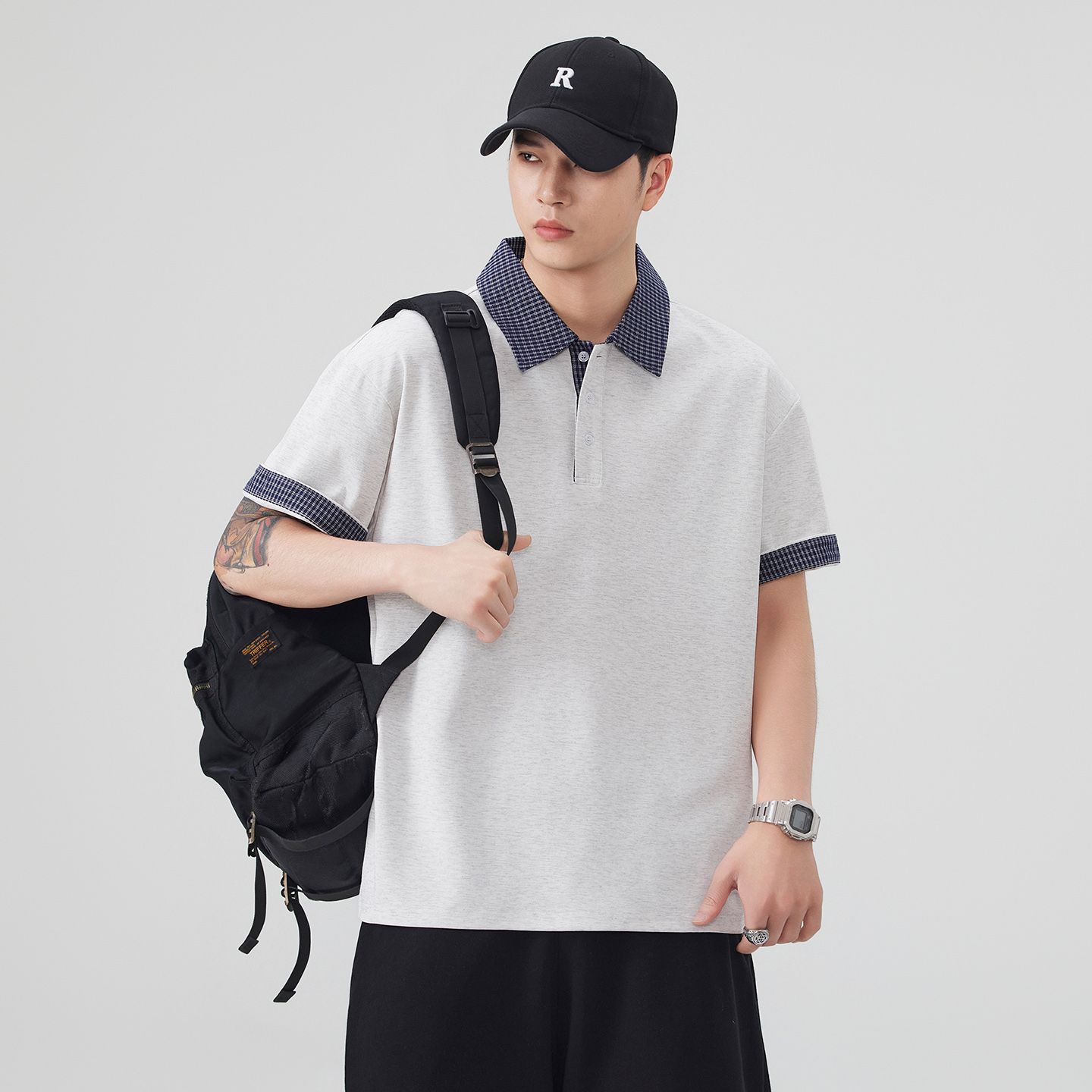 실사 여름 새로운 아메리칸 레트로 페이크 레이어드 셔츠 칼라 POLO 셔츠 남자 루즈핏 조수 브랜드 폴로 칼라 반팔 티셔츠