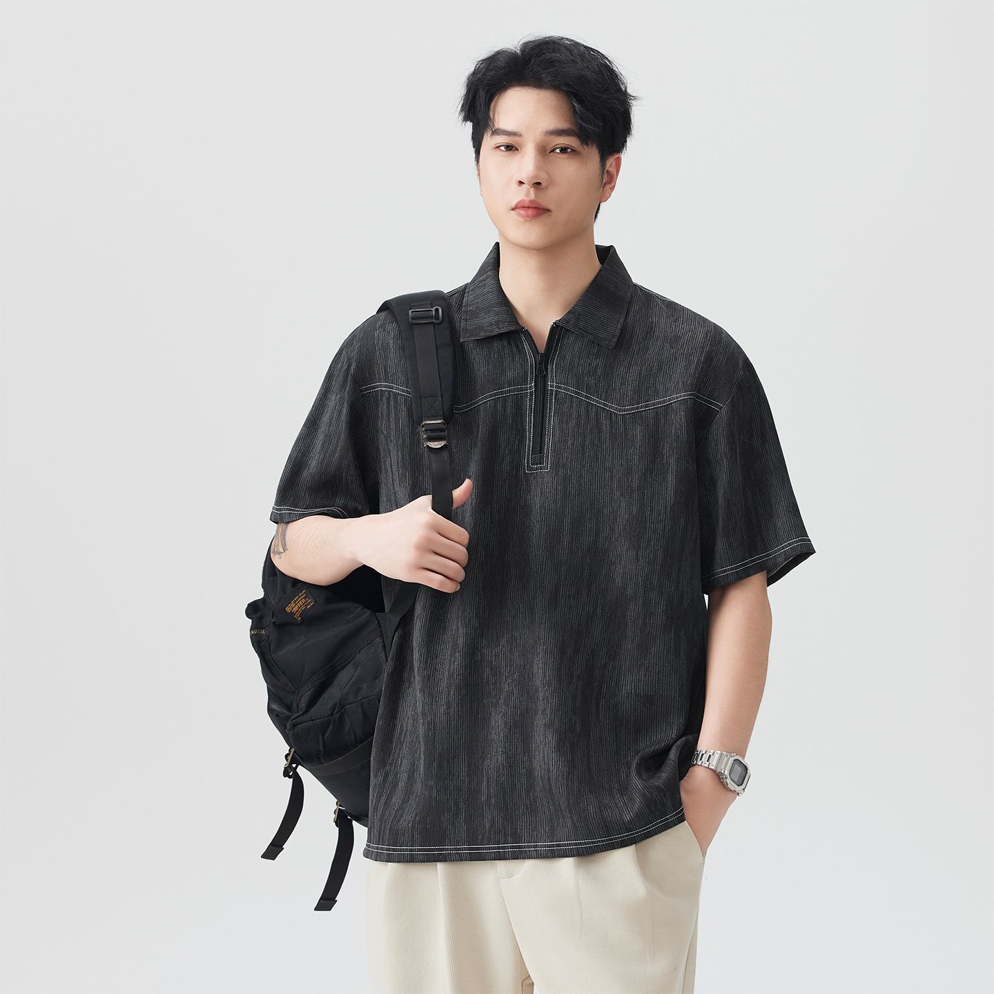 실사 여름 새로운 오래된 돈 바람 익스트림 제인 아마 통기성 얇은 헨리 POLO 칼라 반팔 티셔츠 남자