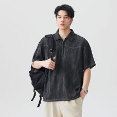 批发实拍夏季新款老钱风极简亚麻透气薄亨利<b class='q'>POLO</b>领短袖T恤<b class='q'>男</b>