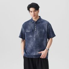 批发实拍2026夏季新款仿牛亚麻工装风翻领<b class='q'>短袖</b>衬衫男宽松口袋设计衬衣