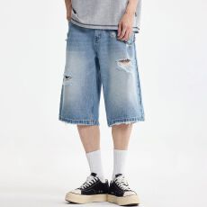 批发实拍夏季美式破洞牛仔短裤男宽松阔腿六分裤潮牌毛边休闲中裤薄款
