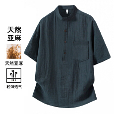 批发实拍痞帅老钱风夏季亚麻薄款亨利领短袖POLO衫男上衣舒适休闲T恤