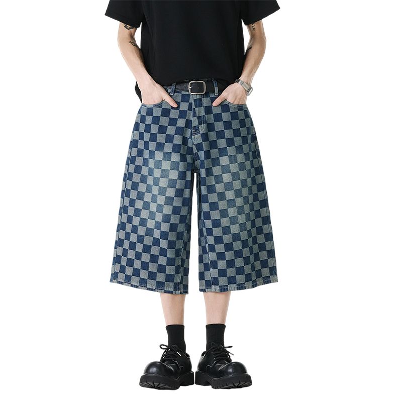 실사 항구 바람 ins 레트로 체크무늬 반바지 루즈핏 와이드 레그 팬츠 조수 브랜드 7부 바지 여름 남자 여자 청바지