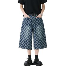 批发实拍港风ins复古格子短裤宽松阔腿裤潮牌七分裤夏季男女款牛仔裤