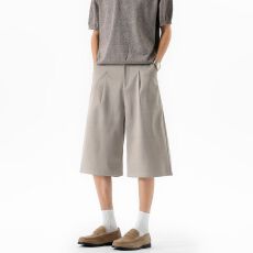 实拍美式复古冰丝西装短裤男女宽松阔腿休闲七分中裤阔腿潮牌西裤