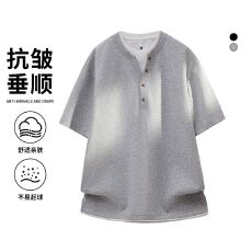 批发实拍2026夏季新款假两件短袖T恤男宽松百搭潮流半纽扣V领设计上衣