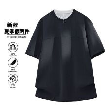 批发实拍夏季新款潮流假两件短袖T恤男宽松百搭半拉链设计弹力舒适t恤