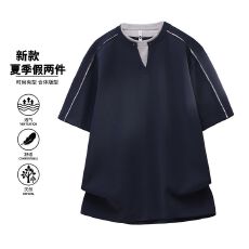 批发实拍夏季新款潮流假两件短袖T恤男宽松百搭V领设计弹力舒适t恤