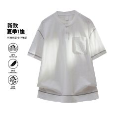 批发实拍夏季新款亨利领短袖T恤男宽松百搭下摆螺纹设计潮流纯棉上衣