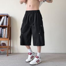 实拍美式褶皱工装短裤男夏季潮牌休闲复古洗水全棉百搭宽松七分裤