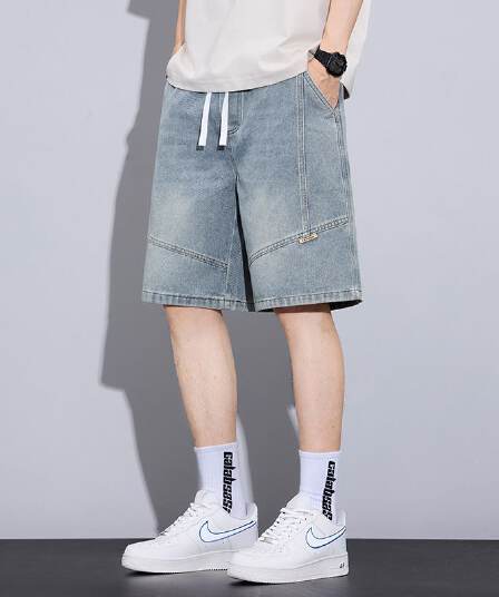 실사 여름 새로운 허리밴드 디자인 데님 반바지 남자 루즈핏 다용도 미니멀리즘 오부 바지