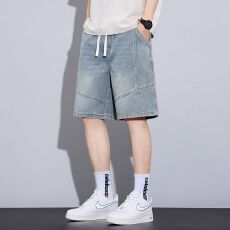 批发实拍夏季新款<b class='q'>松紧腰</b>设计牛仔短裤男宽松百搭简约五分裤