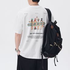 批发实拍夏季新款潮牌背面趣味印花短袖t恤男宽松百搭圆领潮流小刺绣