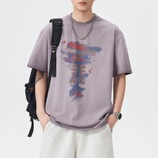 批发实拍夏季美式潮牌印花做旧重磅水洗复古短袖t恤男宽松百搭圆领