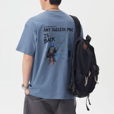 批发实拍夏季潮牌背面趣味印花短袖t恤男宽松百搭圆领潮流刺绣上衣