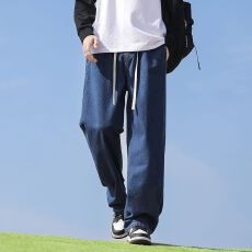 批发实拍秋季新款直筒宽松牛仔裤男橡筋松紧腰阔腿高街休闲裤