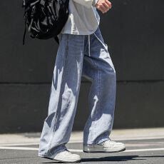 批发实拍秋季新款复古牛仔裤男松紧腰橡筋裤直筒宽松潮流百搭拖地裤
