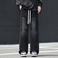 批发实拍秋季新款复古牛仔裤男宽松直筒松紧腰潮流百搭休闲长裤