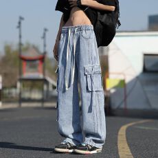 批发秋季新款高街工装牛仔裤男女中性款松紧腰垂感百搭阔腿裤长裤子